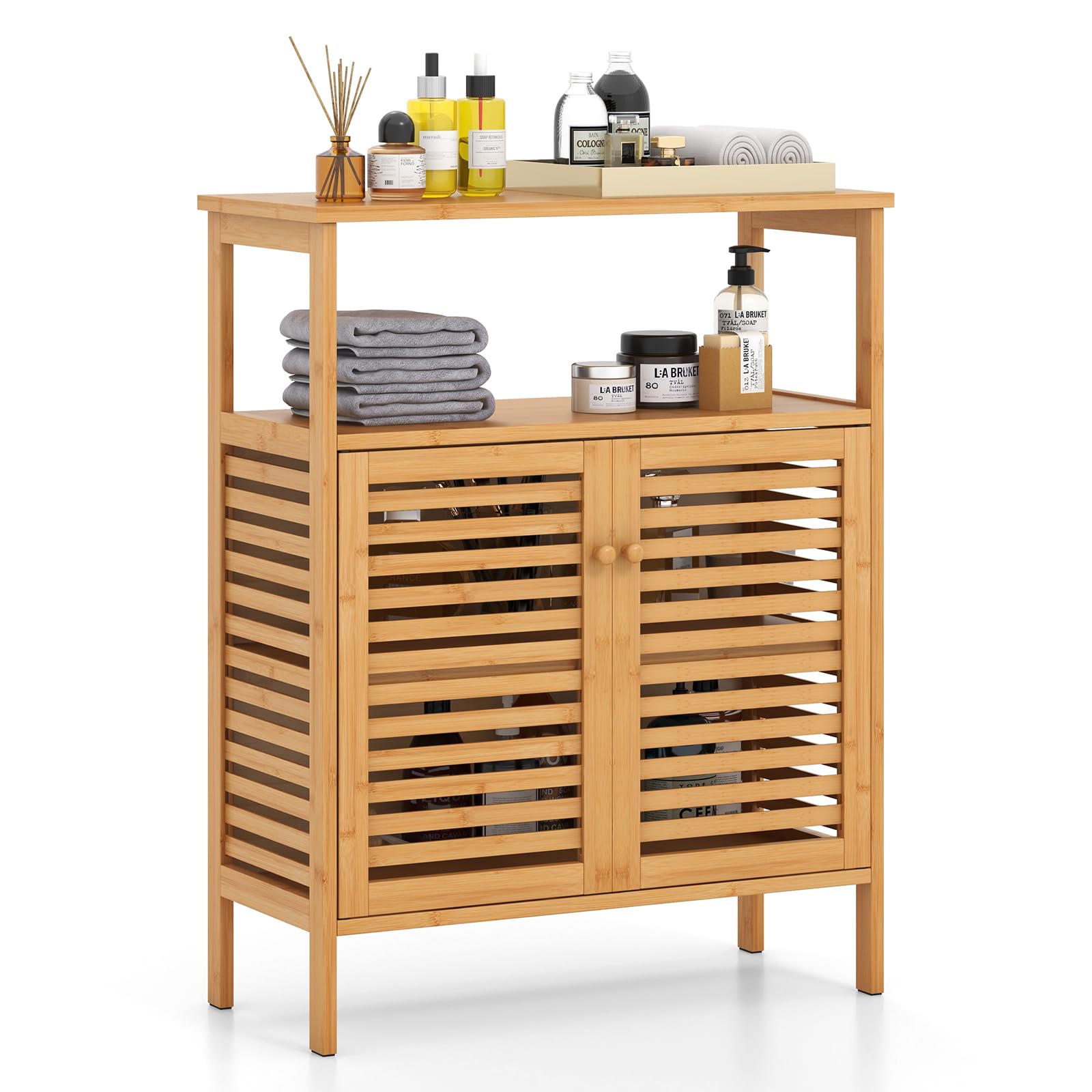 Tangkula Bamboo Floor Cabinet, Freestanding Bathroom Storage Cabinet with Double Slatted Doors